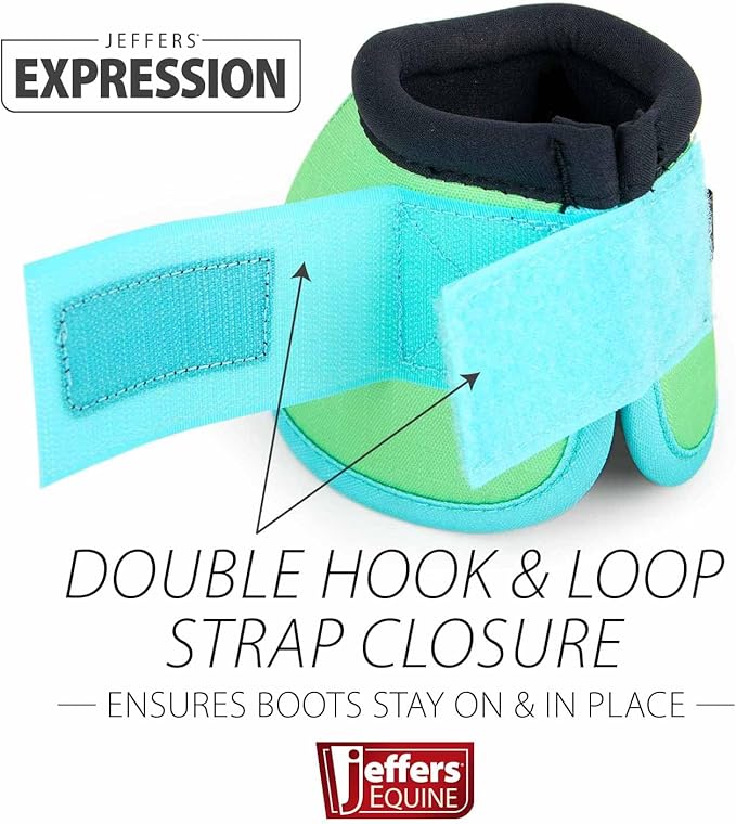 Jeffers Expression No Turn Bell Boots for Horses - Lime & Turquoise, Medium | Shock Absorbing Hoof Protection | Secure Double Hook & Loop Closure, Perfect for Turnout, Training, & Riding - 1 Pair