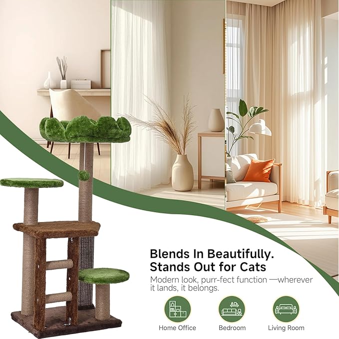 Cat Tree, 37.4-Inch Cat Tower with Plush Cozy Perch for Indoor Cats, Sturdy Tower with Fully Sisal-Wrapped Columns and Plush Toy Ball for Kitty Play, Green