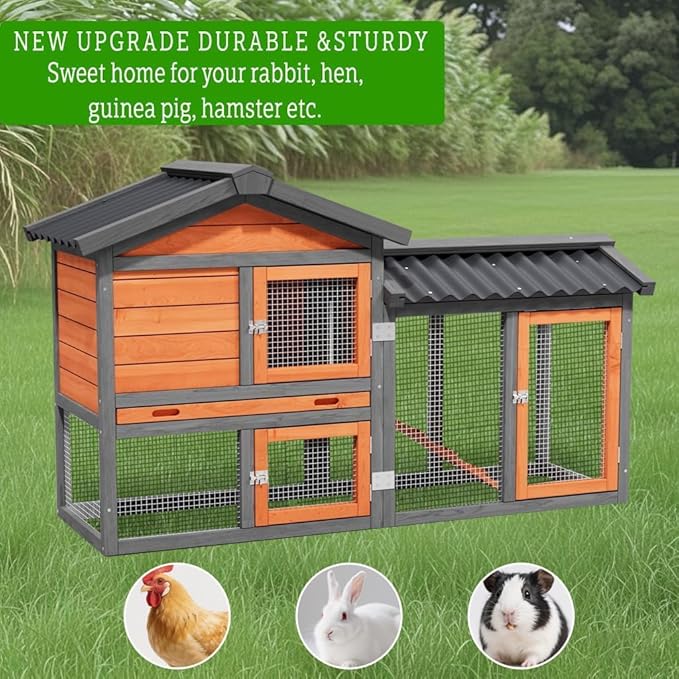 Chicken Coop, Chicken Run, Small Wooden Duck Coop Outdoor 2-Tier Hen House All Weather Used Poultry Quail Cage Rabbit Pet Hutch House with (Brown with Black)