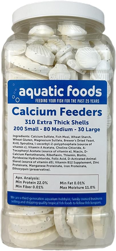 Aquatic Foods Inc. Calcium Feeder Small, Medium & Large Shells. Extra Thick Shells for Shrimp, Snails, Crabs, Crayfish, Hermit Crabs and All Tropical Fish…310 Count Jar