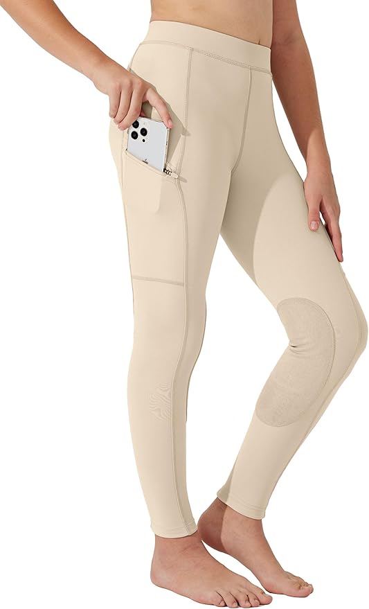 Willit Girls Horse Riding Pants Tights Kids Equestrian Breeches Knee-Patch Youth Schooling Tights Zipper Pockets
