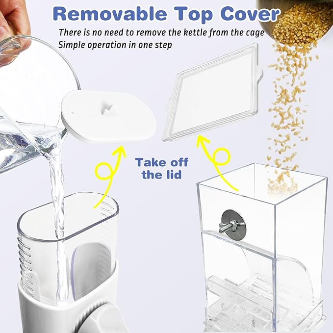 PINVNBY No Mess Bird Feeder & Water Dispenser Set Automatic Parrot Feeder Transparent Food Container Drinker Parakeet Cage Accessories for Cockatiel Budgie Lovebird Finch (White)