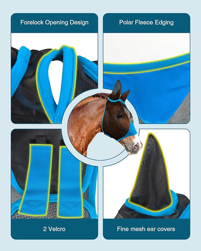 Hilltown Adjustable Fly Mask for Horse with Ears - UV-Block, Large Eye Space, Breathable, Built to Last, Comfort Fit - Horse Fly Mask for Daily Stable, Hot Weather Riding & Competition - X-Full, Blue