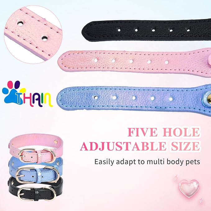 THAIN Fashion Dog Collar with Bling Diamonds & Heart Charm – 5 Holes Adjustable PU Leather Rhinestones Necklace Collar, Gold Buckle for Medium Dogs Girl boy (Black, M)