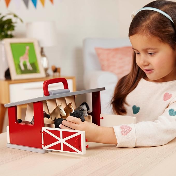Terra by Battat – Wooden Farm Playset with 6 Toy Horses & Detailed Barn, Portable Equestrian Stable for Imaginative Play, Durable Farm Animal Figurines & Carry Handle, Playset for Toddlers 3+ Years