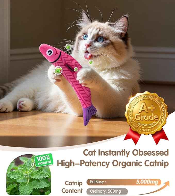 Cat Toys with[5000mg A+Natural Catnip &Silvervine] [Baby Grade] Interactive Soft Chew Kicker Cat Toys for Indoor Cats & Kittens, [Crinkle &Bell] Fish Sound Toy, Drives Bored Cat Crazy with Fun
