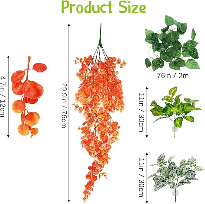 Hamiledyi Reptile Plants 5 Pcs Climbing Terrarium Plant with Suction Cup Artificial Decor for Snake Cage Bearded Dragon Tank Accessories for Lizard, Leopard Gecko, Chameleon, Snake (Orange)