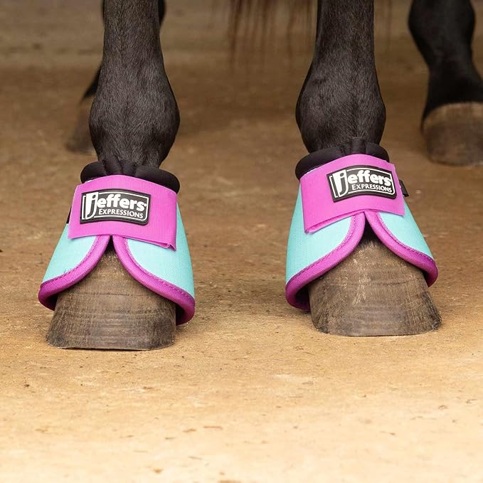 Jeffers Expression No Turn Bell Boots for Horses - Turquoise & Purple, Large | Shock Absorbing Hoof Protection | Secure Double Hook & Loop Closure, Perfect for Turnout, Training, & Riding - 1 Pair