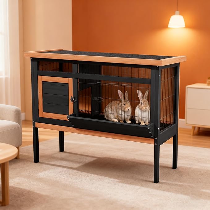 Rabbit Cage Elevated Bunny Hutch Indoor Outdoor,Wooden Chicken Coop Rabbit Hideout with Pull Out Tray,Feeding Trough,Metal Wire Pan and Openable Water-Resistant Asphalt Roof for Small Animals(Brown)