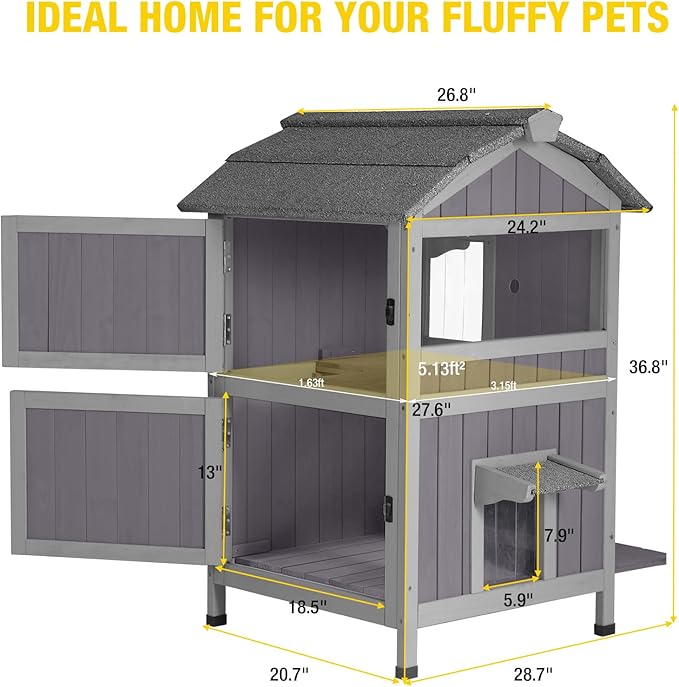 Aivituvin Outdoor Cat House，Two-Story Feral Cat Shelter，Weatherproof Cat Enclosure for Winter with Escape Doors