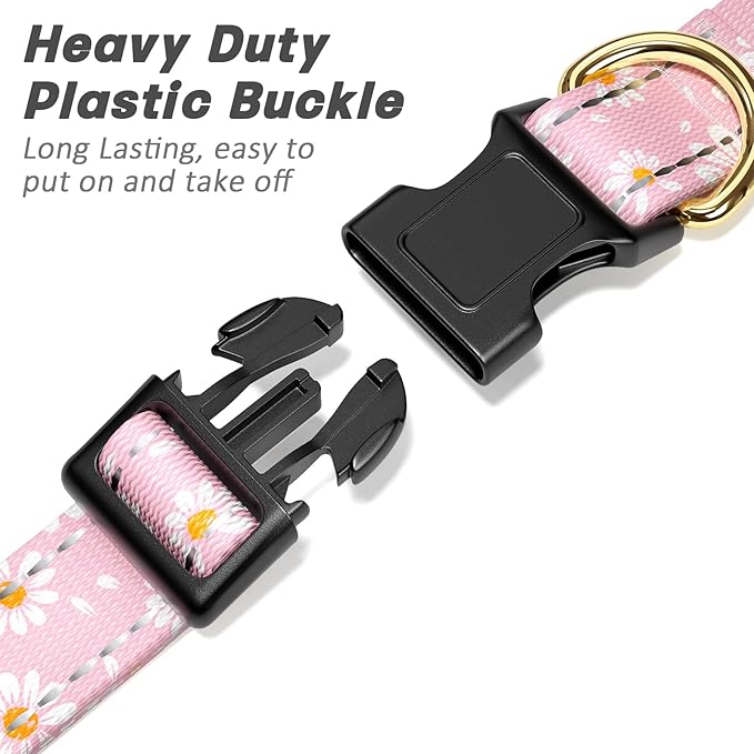 Reflective Dog Collar for Large Dogs, Cute Daisy Theme Adjustable Heavy-Duty Nylon Puppy Collar for Boy and Girl Female, Soft Pet Accessories with Quick Release Buckle, Neck 16-24", Pink