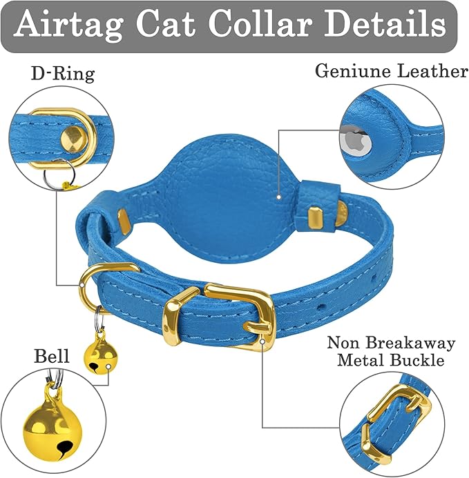 OOPSDOGGY Leather AirTag Cat Collar with Bell - Non Breakaway Kitten Collar with Apple Air Tag Holder - Lightweight GPS Pet Collars for Girl Boy Cats, Small Dogs, Puppies (Blue)
