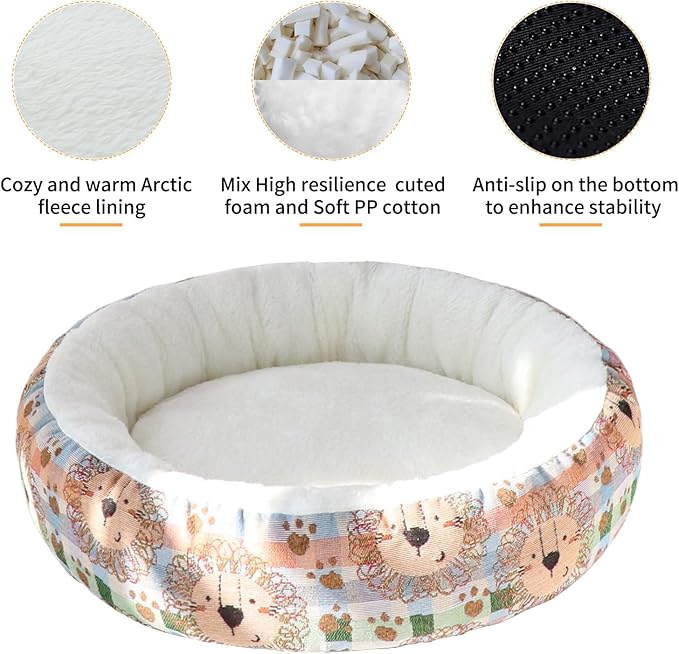 Circular Calming Dog & Cat Bed Anti-Anxiety Washable with Anti Slip Backing Donut Cuddler with Cute Jacquard Patterns for Cat and Small Puppy (XS-20in, Lion)