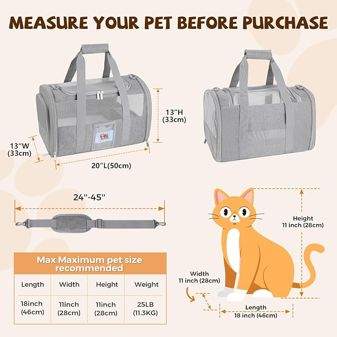 Cat Carrier Soft for Pets Up to 25 Lbs, Cat Travel Bag with Padded Shoulder Strap and Detachable Cat Food Bowl, Pet Dog Carriers for Small Dogs Travel Puppy Carry Airline Approved, Grey