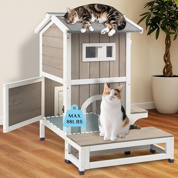 PetsCosset Outdoor Cat House Feral Cats Shelter Weatherproof with Balcony, 2-Story Wooden Outside Pet C at House with Openable Roof, 4 Door, 2 Platforms