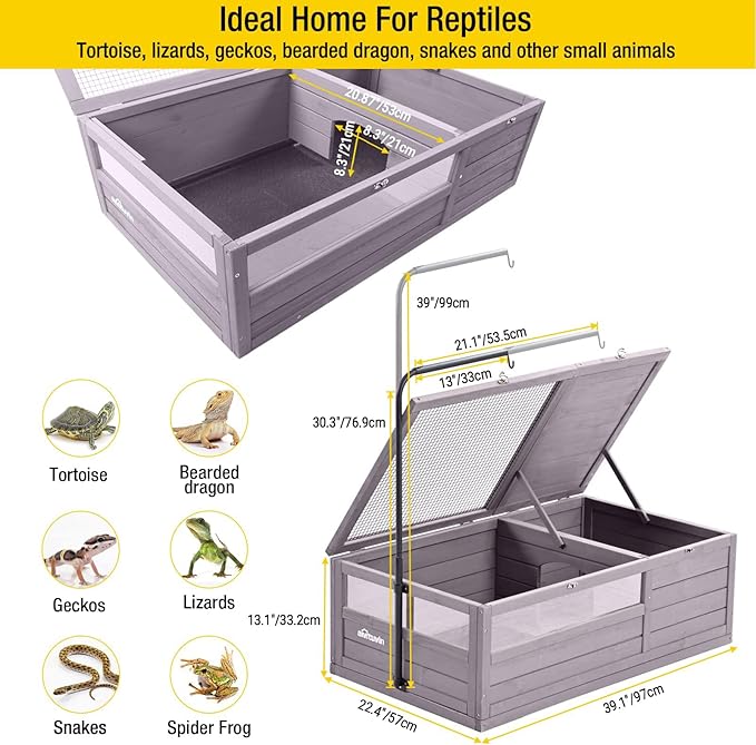 Aivituvin Tortoise House Wooden Tortoise Enclosures, Indoor Tortoise Habitat Outdoor Reptile Cage -Upgrade Version