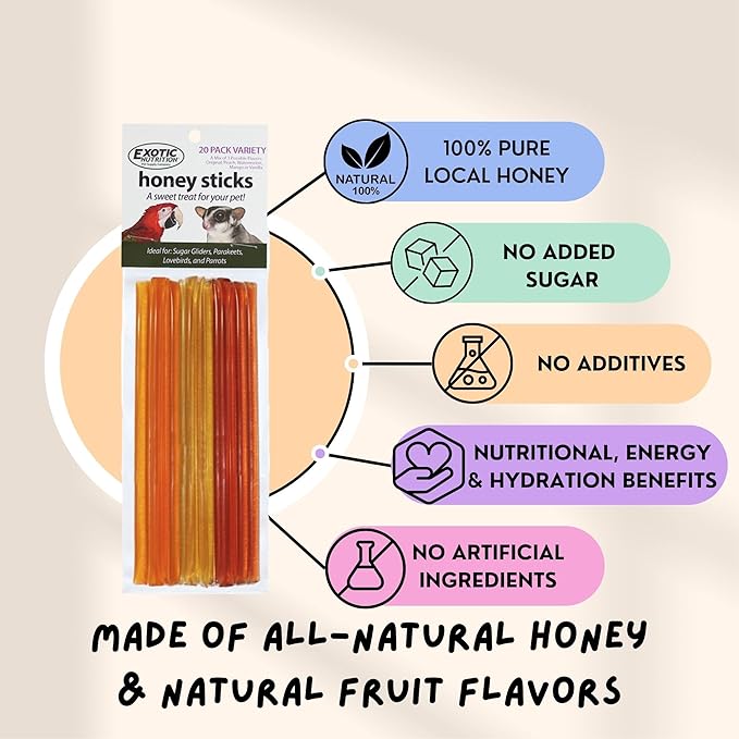 Honey Sticks - Original Flavor (8 Sticks) - All-Natural Sweet Treat Made with Orange Blossom Honey - Sugar Gliders, Marmosets, Parrots & More