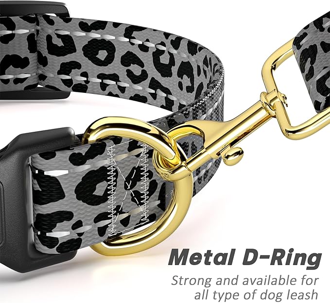 Reflective Dog Collar for Small Dogs Cats, Cute Leopard Style Adjustable Heavy-Duty Nylon Puppy Collar for Boy and Girl Female, Soft Pet Accessories with Quick Release Buckle, Gray