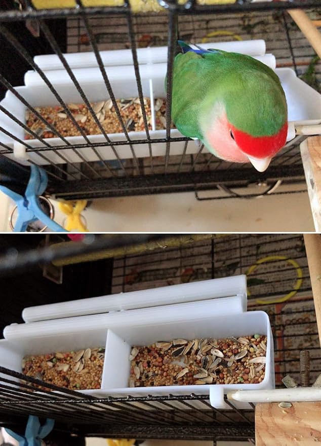 6pcs Bird Feeder, Pet Birds Food Double Plastic Seed Water Dish Dispenser Standing Frame Plastic Food Cup for Parrots Cockatiel Pigeon Sparrow Bird Cage Bowl with 6 Spoons