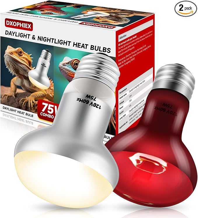DXOPHIEX 2 Pack 75W Reptile Heat Lamp Bulbs Reptile Heat Bulbs, UVA Basking Bulb and Infrared Light Bulb Combo, Basking Light for Bearded Dragon, Turtles, Snake and Lizard