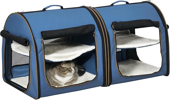 PawHut 39" Portable Soft-Sided Cat Carrier, Cat Kennel, Travel Dog Crate with Divider, Two Compartments, Soft Cushions & Storage Bag, Easy to Fold, Blue