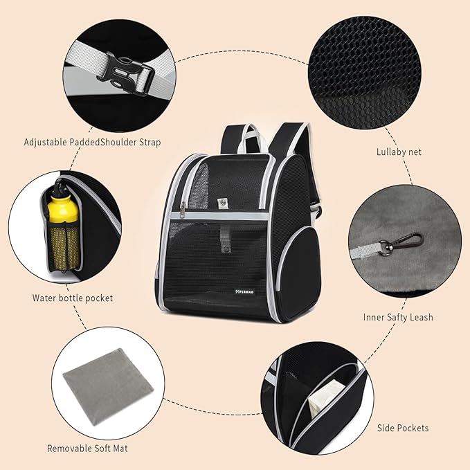 Cat Backpack Carrier for Small Dogs and Medium cat Puppy Kitten Bunny Pet Carrier Backpack Collapsible with Fully Ventilated Mesh with Safety Leash (Black, 12.9" L x 10.62" W x 15.5" H - M)