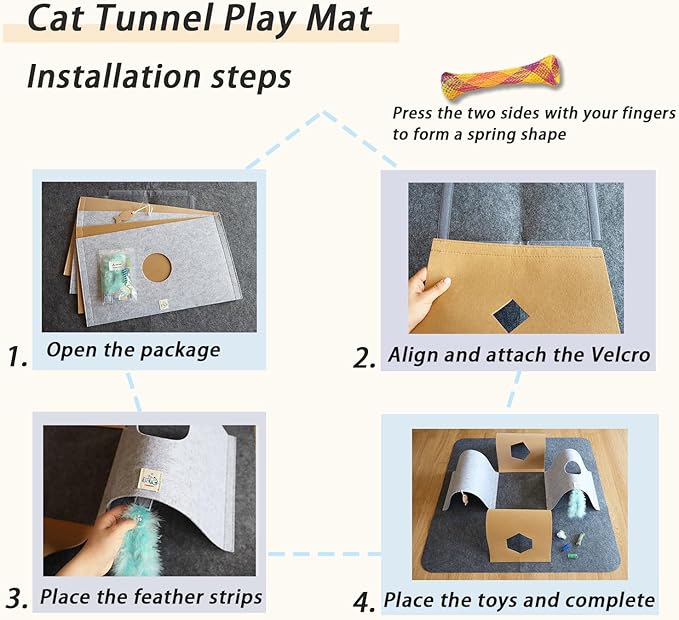 Cat Toys Tunnel for Indoor Cats,4-Way Felt Cat Tunnel Play Mat with Feathers & Bell 6 Pcs Interactive Cats Enrichment Toys Set Foldable Kittens Cave Hideout for Pet Hide & Seek