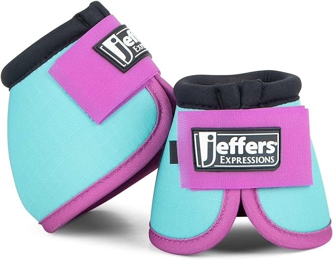 Jeffers Expression No Turn Bell Boots for Horses - Turquoise & Purple, Large | Shock Absorbing Hoof Protection | Secure Double Hook & Loop Closure, Perfect for Turnout, Training, & Riding - 1 Pair