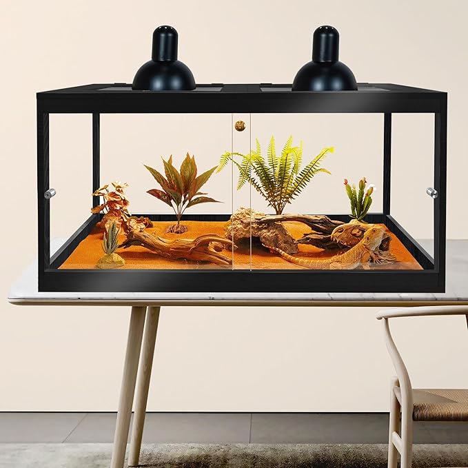 PROLEE Bearded Dragon Tank,34 Gallon Reptile Tank with Meatl Mesh Roof and Front Sliding Door,Lizard Tank,Spacious Reptile Enclosure for Snakes,Lguanas, Chameleons (Black)