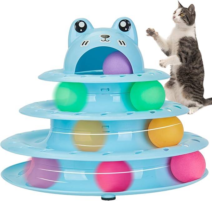 Gefryco Cat Toys 4-Tier Roller Track, Turntable Cat Tower Toy with Colorful Chase Balls, Multi-Level Interactive Cat Toys for Bored Indoor Adult Cats, Fun Puzzle Kitten Exercise Toys Self Play