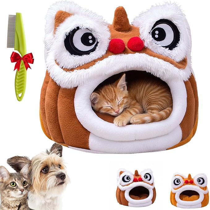 Cute Lion Head Pet Beds for Cats, Chinese Lion Dance Lion Cats Bed, Soft Cozy Plush Cat House & Dog Cave with Cushion for Small Medium Cats Dogs (Coffee,M)