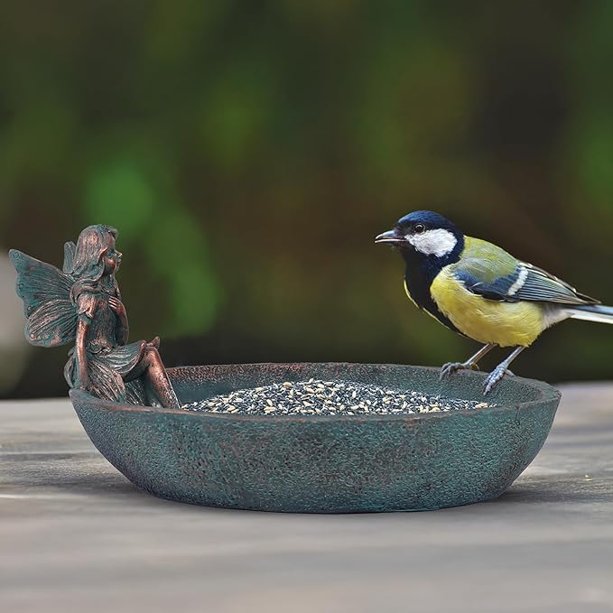 JUNIQUTE Vintage Angels Statue Bird Feeder, Fairy Garden Bird Bath for Outside, Resin Bath Bowl Outdoors (Bronze)