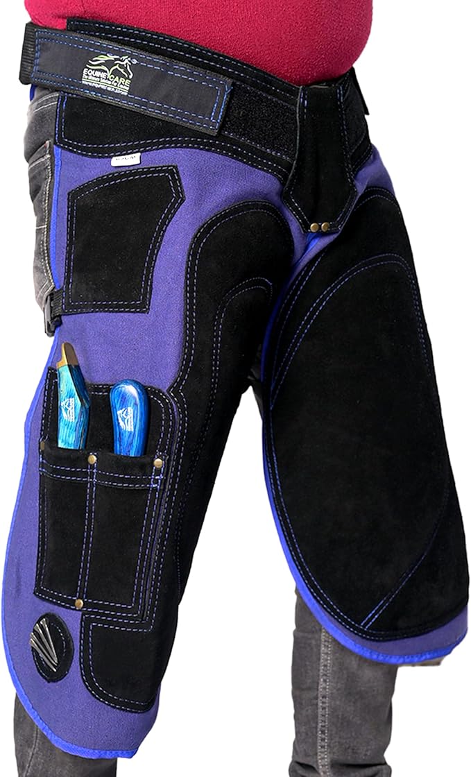 Equine Care Farrier Apron Chaps – 23" to 27" Cowhide Suede Leather & 500 GSM Canvas, Adjustable Waist 28"-52", Back Support, 4 Hoof Knife Pockets & 2 Nail Magnets. (25 inches (65 cm))