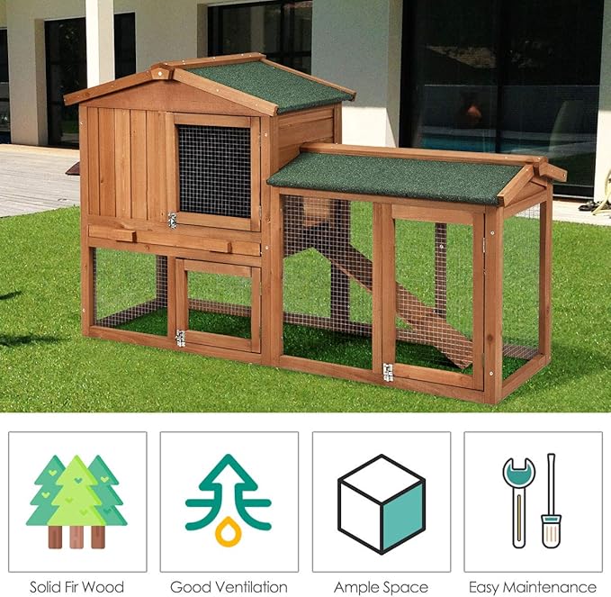 Tangkula Rabbit Hutch Indoor and Outdoor, 58-Inch Bunny Cage with Removable Tray & Ramp, Wood Chicken Coop with Waterproof Roof for Rabbits, Chicken and Guinea Pigs