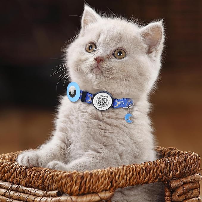 Stars and Moon AirTag Cat Collar with AirTag Holder,Air Tag Cat Collar for Apple. Solid & Safe, Pet Collar, Breakaway Cat Collar, QR Code Cat ID Tags - Pet Online Profile(Blue)