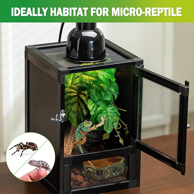 8" x 8" x 12" Small Reptile Cage Hatching Habitat, Screen & Acrylic Doors, Ventilated Terrarium for Lizards, Snakes, Frogs, Easy Assembly, Two Doors
