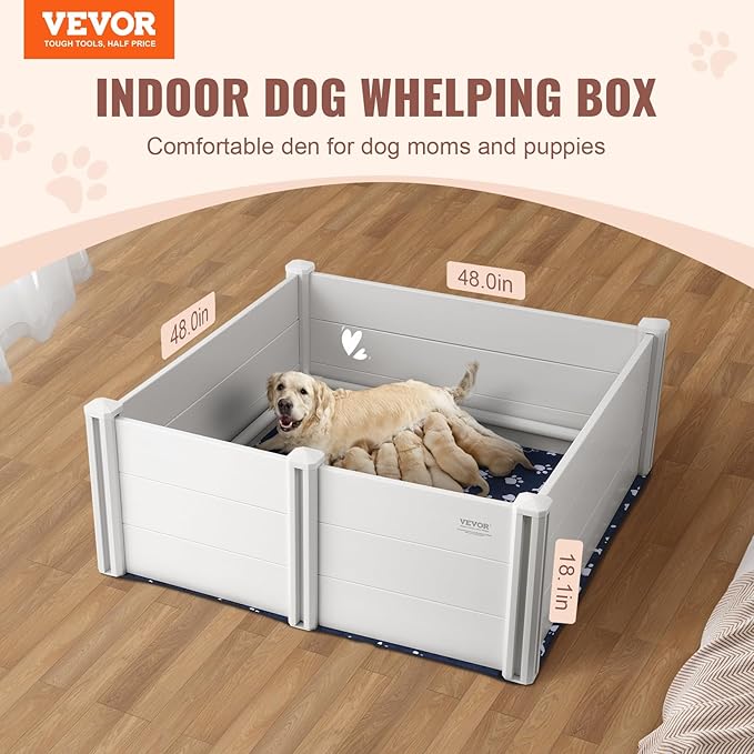 VEVOR Whelping Box for Dogs, 48 x 48 x 18.1in Whelping Pen for Puppies, Dog Birthing Box with Rails and Washable Pee Pad, Whelping Box for Large Breed Dogs, White