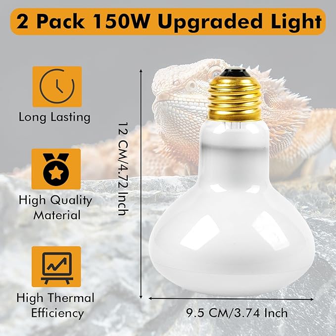 Reptile Heat Lamp, 150W Heat Lamp Bulbs for Reptiles 2 Pack, Amphibians Basking Heat Lamp Bulbs, UVA Daylight Basking Light for Reptiles, Bearded Dragon, Lizard, Turtle, Chicken