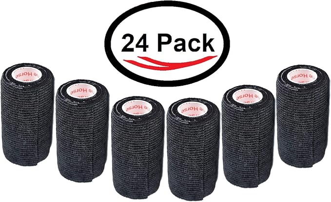 3 Inch Vet Wrap Tape Bulk (Black) (Pack of 24) Self Adhesive Adherent Adhering Flex Bandage Grip Roll for Dog Cat Pet Horse
