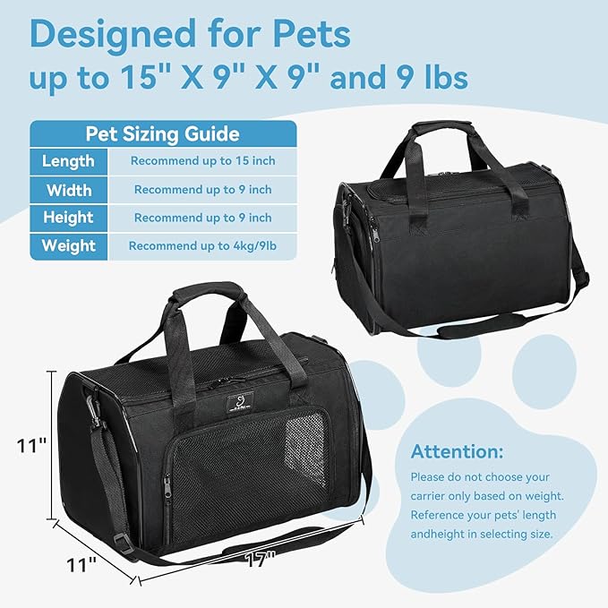 Airline Approved Pet Carrier for Small Dogs & Cats Up to 15lbs, Soft-Sided, Foldable, Ventilated, TSA Travel Bag with Fleece Pad, Safety Straps, Washable Portable Cat Dog Airline Travel Tote