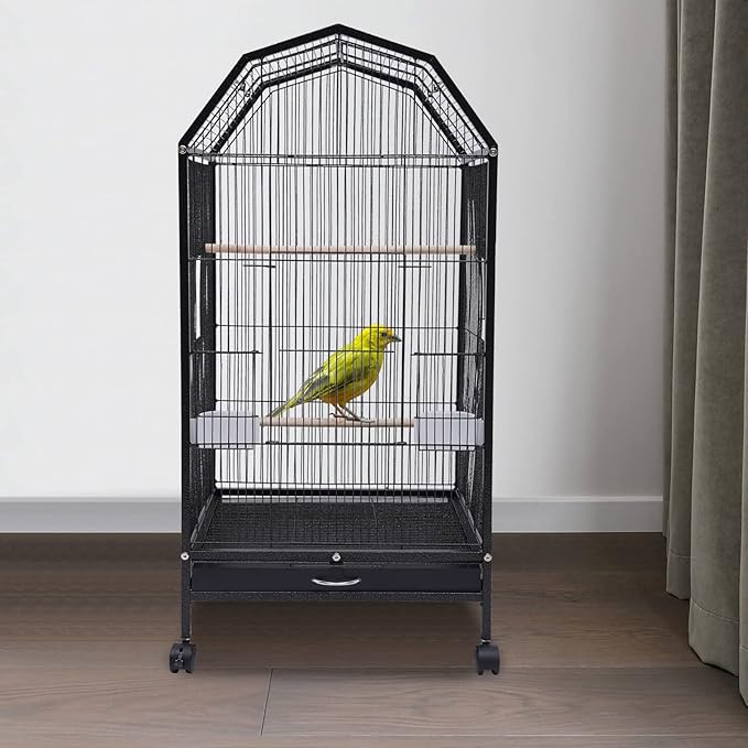 Parakeet Bird Cage 36.9 Inch Wrought Iron Flight Bird Cage Pet Bird Flight Cages with 4 Universal Wheels 3 Standing Poles Rolling Stand Bird Playground
