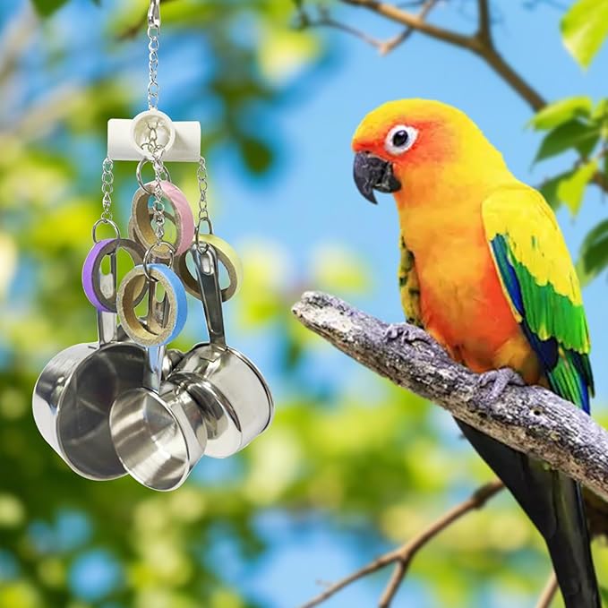 LWINGFLYER Stainless Steel Parrot Toys, Pullable Stainless Steel Cup and Cardboard Ring Toys Hanging Chew Bird Toys for Large Parrots，African Grey, Amazon Parrots