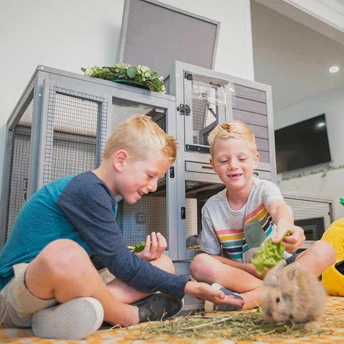 GUTINNEEN 2-Story Rabbit Hutch Bunny Cage with Chew-Proof Ramp & Pull-Out Trays - Indoor/Outdoor 40.6" Wooden Rabbit Cage on Wheels for Rabbits, Guinea Pigs