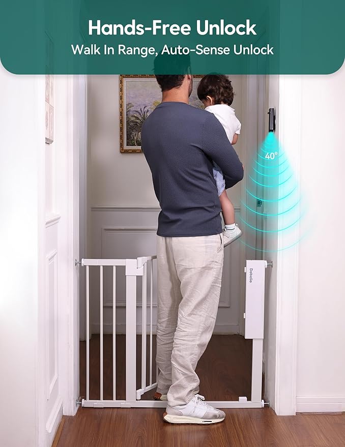 Babelio Smart Baby Gate with Auto-Unlock/Close, Pressure Mounted No Drill for Doorways/Top of Stairs. Pet/Dog Door Wide Walk Thru w/Infrared Sensor & Instant Safety Alert (White, 30.3-47.2" W, 30" H)