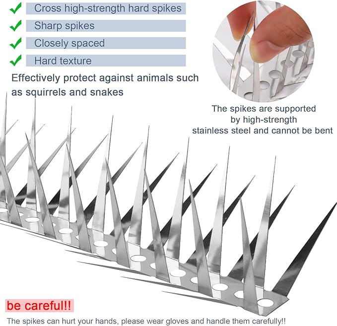 Bird Spikes 65 FT Stainless Steel Bird Deterrent, Snake and Raccoon Deterrent, Squirrel Baffles for Bird Feeders, Anti Climb Spikes, Prevent Squirrels from Stealing The Bird Food