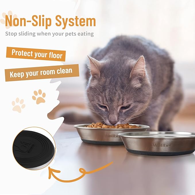 Cat Bowls, 4 Pcs Stainless Steel Pets Bowls for Food and Water, Whisker Fatigue Shallow Non-Slip Cat Dishes Plates for Small Dog Puppies Cats