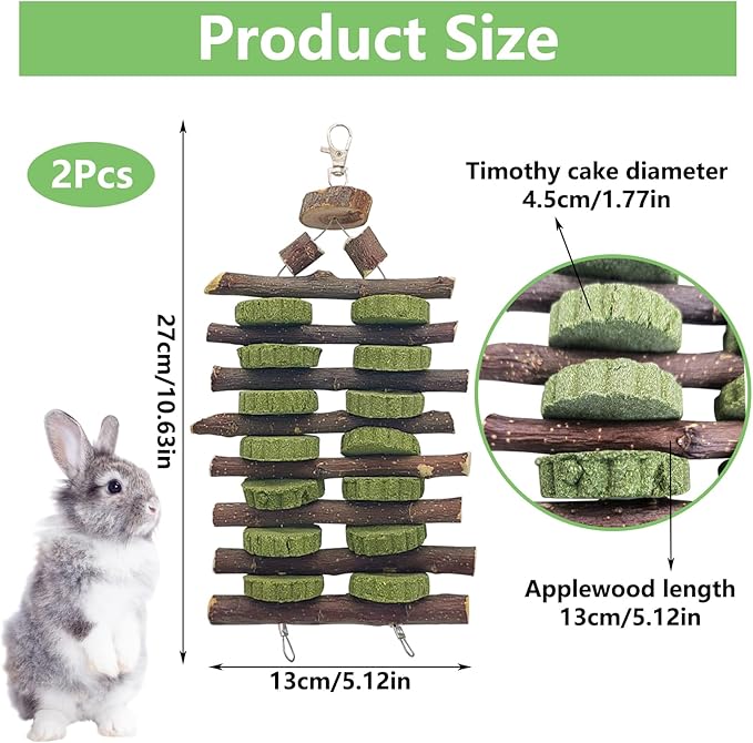 Hamiledyi 2 PCS Rabbit Chew Toys Hanging Bunny Toys for Teeth Grinding Natural Apple Wood Sticks and Timothy Grass Cake Improve Small Animals Dental Health Treats for Guinea Pig Hamster Chinchilla