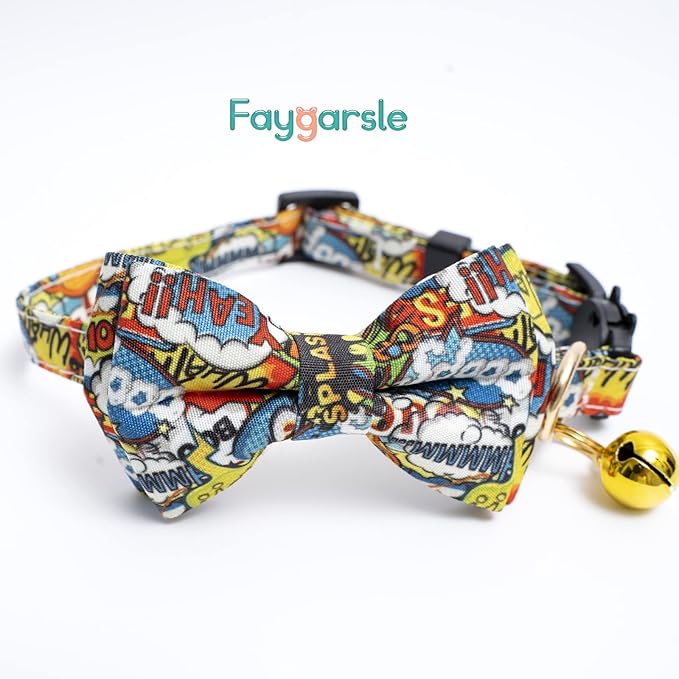 Faygarsle 2 Pack Cotton Designer Breakaway Cats Collar with Bow Tie and Bell Graffiti Style Cat Collars for Girl Female Boy Male Cat Collar with Bell Collars for Cats Purple Yellow