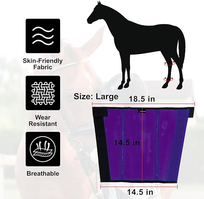 FOXLVDA Horse Fly Boots - Fly Boots for Horses Set of 4, Comfortable Horse Leggings, Mesh Material Design with Metal Support Bars for Reduces Stomping & Leg Fatigue (Purple, Large)