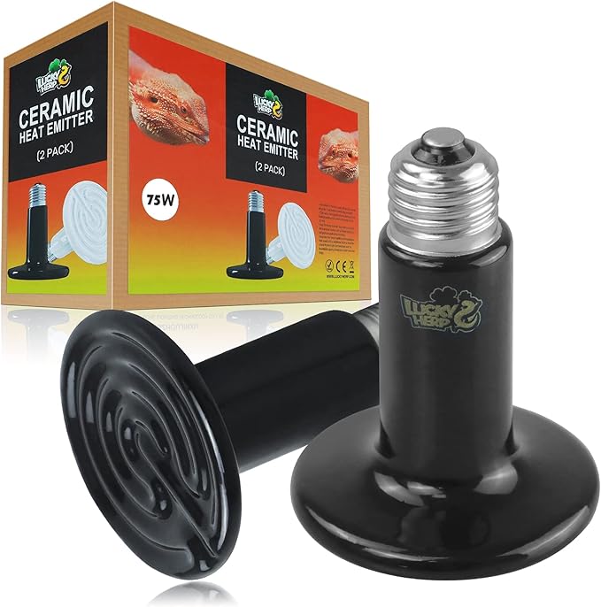 LUCKY HERP 75W Ceramic Heat Emitter, Reptile Heat Bulbs, Ceramic Heat Lamp for Reptiles, Amphibian, Chicken, Dog, Cat (2-Pack)